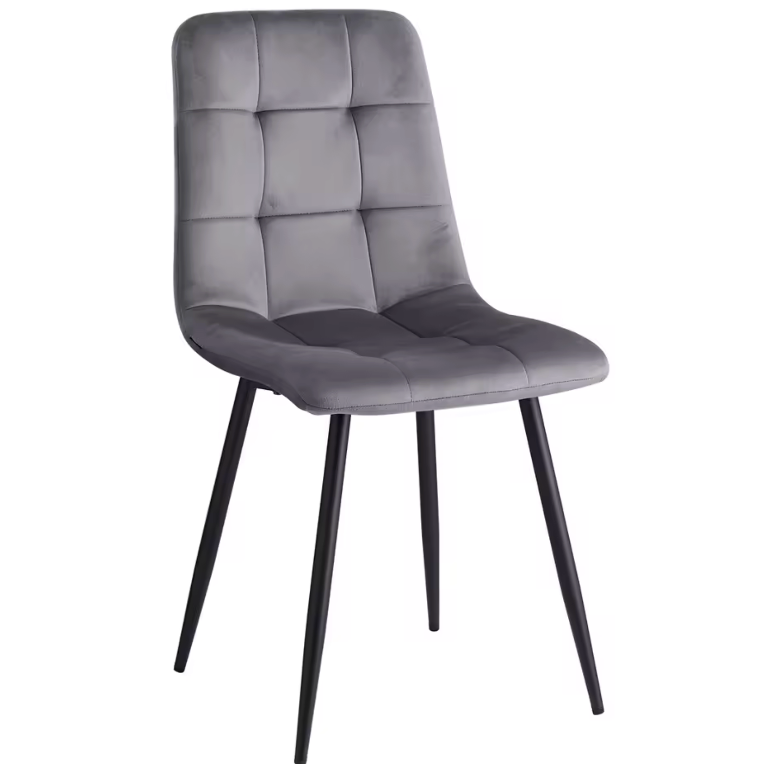 Sedia imbottita in velluto grigio con gambe in metallo nero